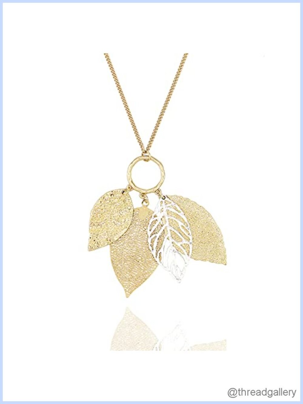 Two Tone Filigree Leaf Pendant Long Necklace 34 Inch Sweater Chain
